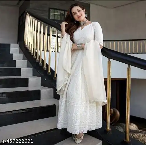 White Cotton Chikan Sevens Lace Work Gown | Gowns, Bollywood Gowns, Creative Gowns, Designer Gowns, Embroidered Gowns, Party Wear Gowns