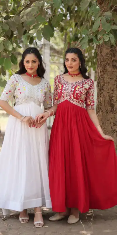 White Faux Blooming Embroidery Zari Work Gown | Gowns, Bollywood Gowns, Creative Gowns, Designer Gowns, Embroidered Gowns, Party Wear Gowns