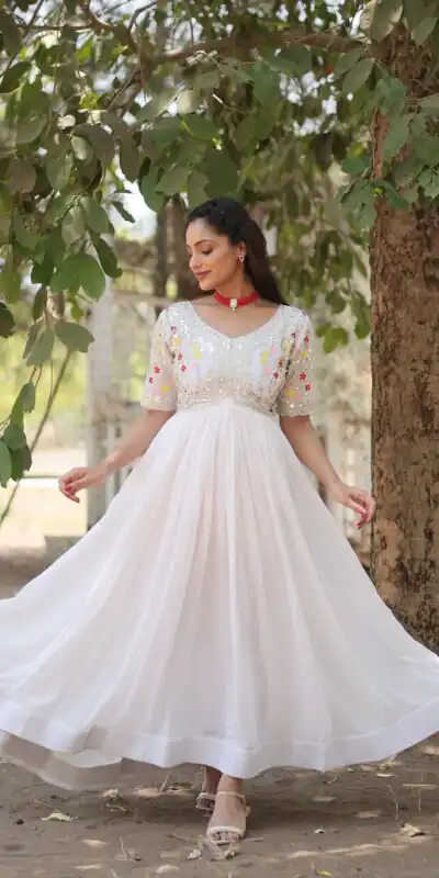 White Faux Blooming Embroidery Zari Work Gown | Gowns, Bollywood Gowns, Creative Gowns, Designer Gowns, Embroidered Gowns, Party Wear Gowns