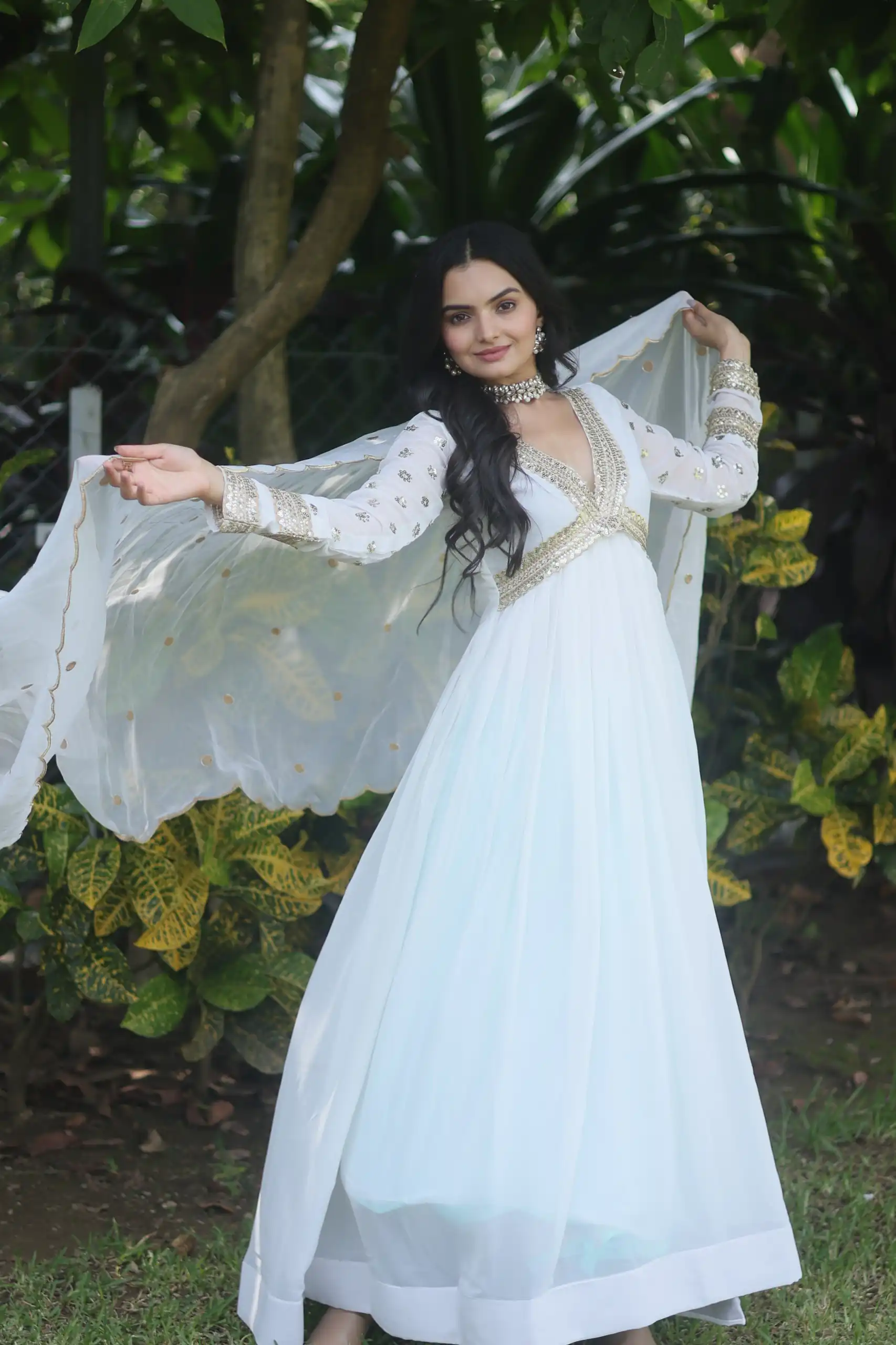 White Faux Blooming Zari Embroidery Work Gown | Gowns, Bollywood Gowns, Creative Gowns, Designer Gowns, Embroidered Gowns, Party Wear Gowns
