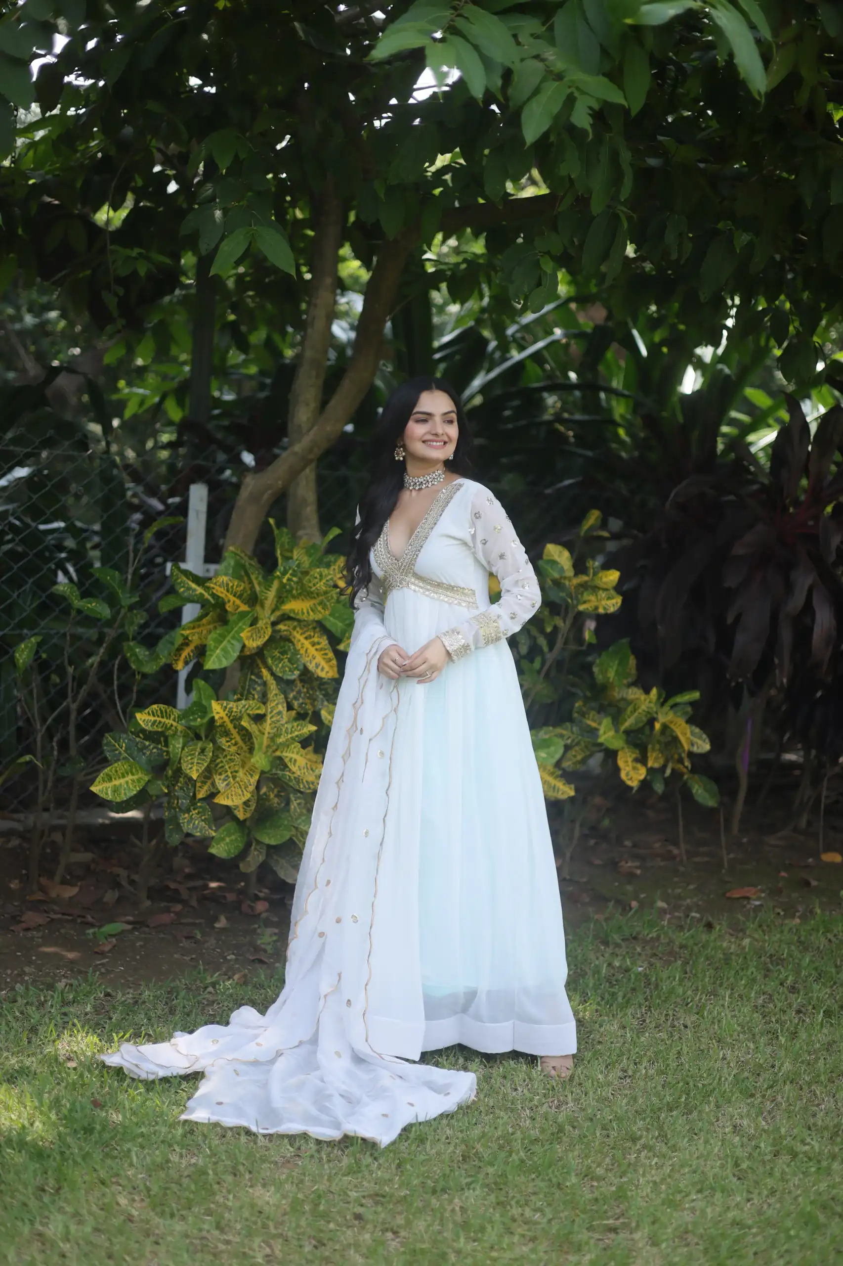 White Faux Blooming Zari Embroidery Work Gown | Gowns, Bollywood Gowns, Creative Gowns, Designer Gowns, Embroidered Gowns, Party Wear Gowns
