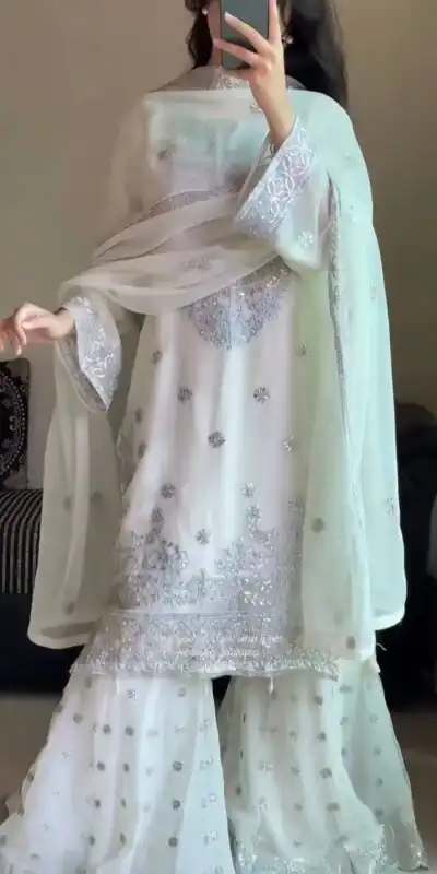 White Faux Georgette Sequence Work Salwar Suit | Jump Suits, Salwar suit, Casual Suits, Creative suits, Designer Suits, Palazzo Suits, Party Wear Suits, Patiala Suits, Straight Suits