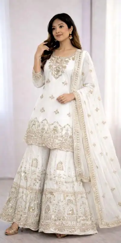 White Faux Georgette With 5 mm Sequence Work Salwar Suit | Jump Suits, Salwar suit, Casual Suits, Creative suits, Designer Suits, Palazzo Suits, Party Wear Suits, Patiala Suits, Straight Suits