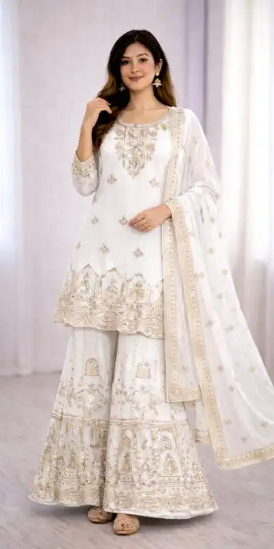 White Faux Georgette With 5 mm Sequence Work Salwar Suit | Jump Suits, Salwar suit, Casual Suits, Creative suits, Designer Suits, Palazzo Suits, Party Wear Suits, Patiala Suits, Straight Suits