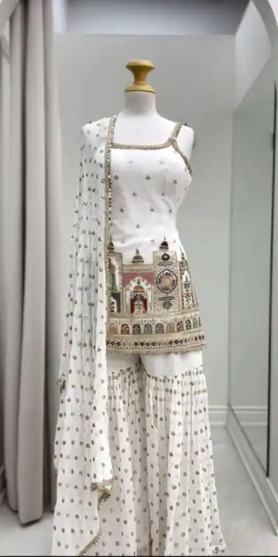 White Faux Georgette With Thread Lace Work Salwar Suit | Jump Suits, Salwar suit, Casual Suits, Creative suits, Designer Suits, Palazzo Suits, Party Wear Suits, Patiala Suits, Straight Suits
