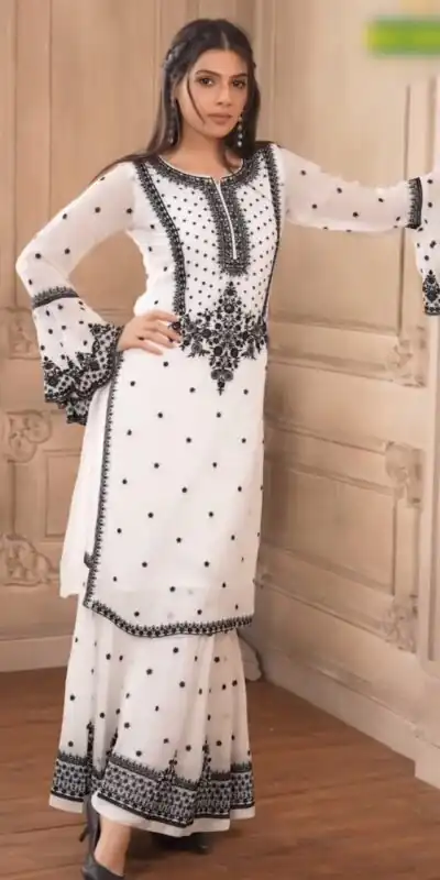 White Fox Georgette With Embroidery Salwar Suit | Jump Suits, Salwar suit, Casual Suits, Creative suits, Designer Suits, Palazzo Suits, Party Wear Suits, Patiala Suits, Straight Suits