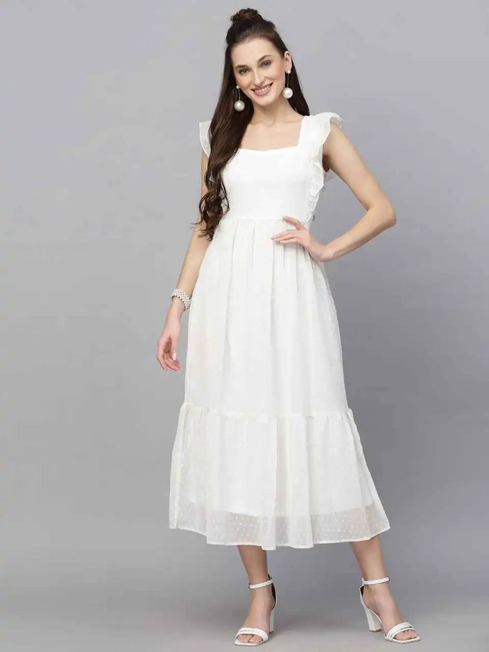 White Georgette Butti Gown | Gowns, Bollywood Gowns, Creative Gowns, Designer Gowns, Embroidered Gowns, Party Wear Gowns