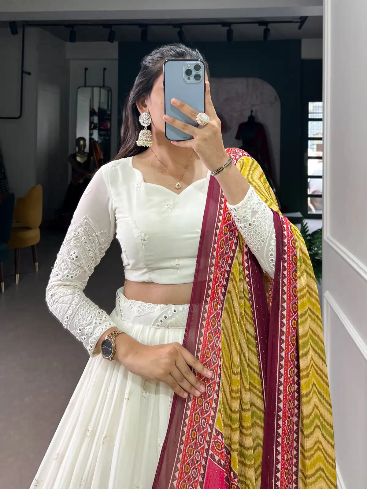 White Georgette Lucknowi Paper Mirror Lehenga Choli | Lehenga, Bollywood Lehenga, Creative Lehenga, Designer Lehenga, Embroidered Lehenga, Party Wear Lehenga