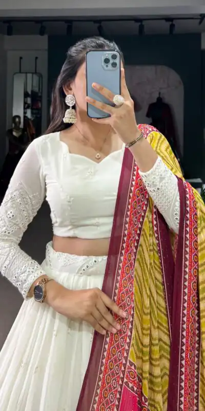 White Georgette Lucknowi Paper Mirror Lehenga Choli | Lehenga, Bollywood Lehenga, Creative Lehenga, Designer Lehenga, Embroidered Lehenga, Party Wear Lehenga