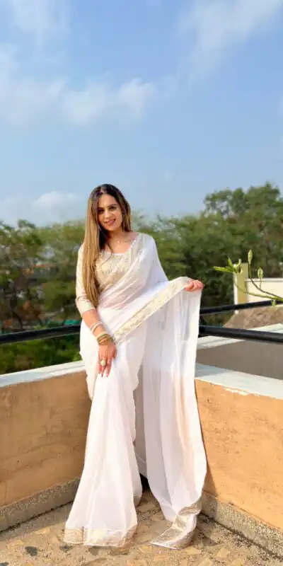 White Georgette Sequence Work Lace Saree | Sarees, Bollywood Sarees, Creative Sarees, Designer Sarees, Embroidered Sarees, Ethnic Saree, Modern Digital sarees, Party Wear Sarees