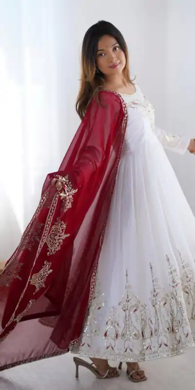 White Georgette With Embroidery Work Gown | Jump Suits, Salwar suit, Casual Suits, Creative suits, Designer Suits, Palazzo Suits, Party Wear Suits, Patiala Suits, Straight Suits