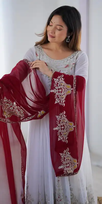White Georgette With Embroidery Work Gown | Jump Suits, Salwar suit, Casual Suits, Creative suits, Designer Suits, Palazzo Suits, Party Wear Suits, Patiala Suits, Straight Suits