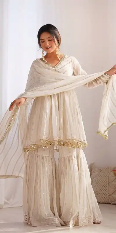 White Mal Chanderi Mirror Work Salwar Suit | Jump Suits, Tops & Bottoms, Track Suits, Salwar suit, Casual Suits, Creative suits, Designer Suits, Palazzo Suits, Party Wear Suits, Patiala Suits, Straight Suits, Trendy Wear