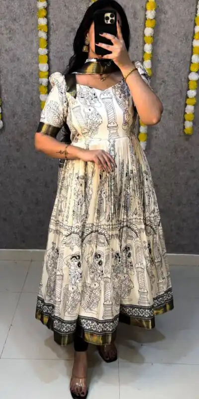 White Malai Satin Digital Kalamkari Print Gown | Gowns, Bollywood Gowns, Creative Gowns, Designer Gowns, Embroidered Gowns, Party Wear Gowns