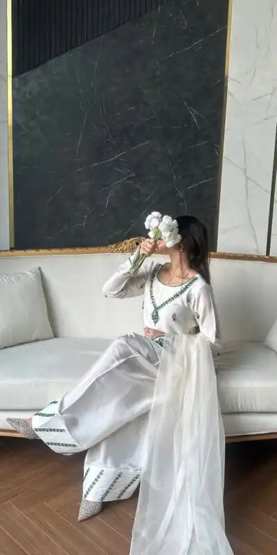 White Natural Crap Embroidery Mirror Work Salwar Suit | Jump Suits, Salwar suit, Casual Suits, Creative suits, Designer Suits, Palazzo Suits, Party Wear Suits, Patiala Suits, Straight Suits