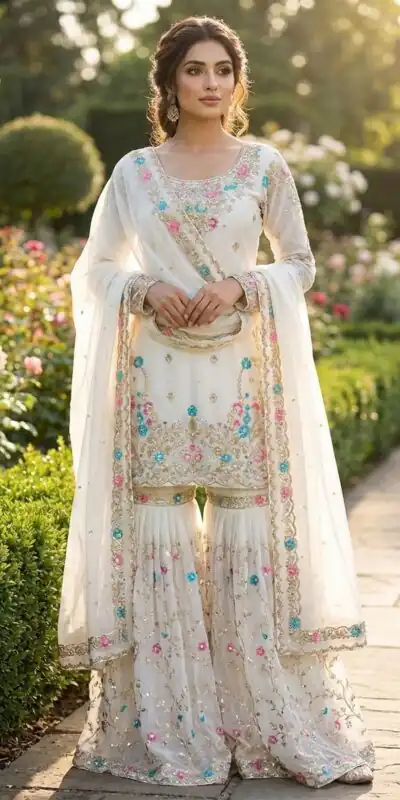 White Organza Silk Sequence Moti Work Salwar Suit | Jump Suits, Salwar suit, Casual Suits, Creative suits, Designer Suits, Palazzo Suits, Party Wear Suits, Patiala Suits, Straight Suits
