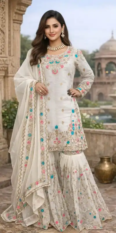 White Organza Silk Sequence Moti Work Salwar Suit | Jump Suits, Salwar suit, Casual Suits, Creative suits, Designer Suits, Palazzo Suits, Party Wear Suits, Patiala Suits, Straight Suits