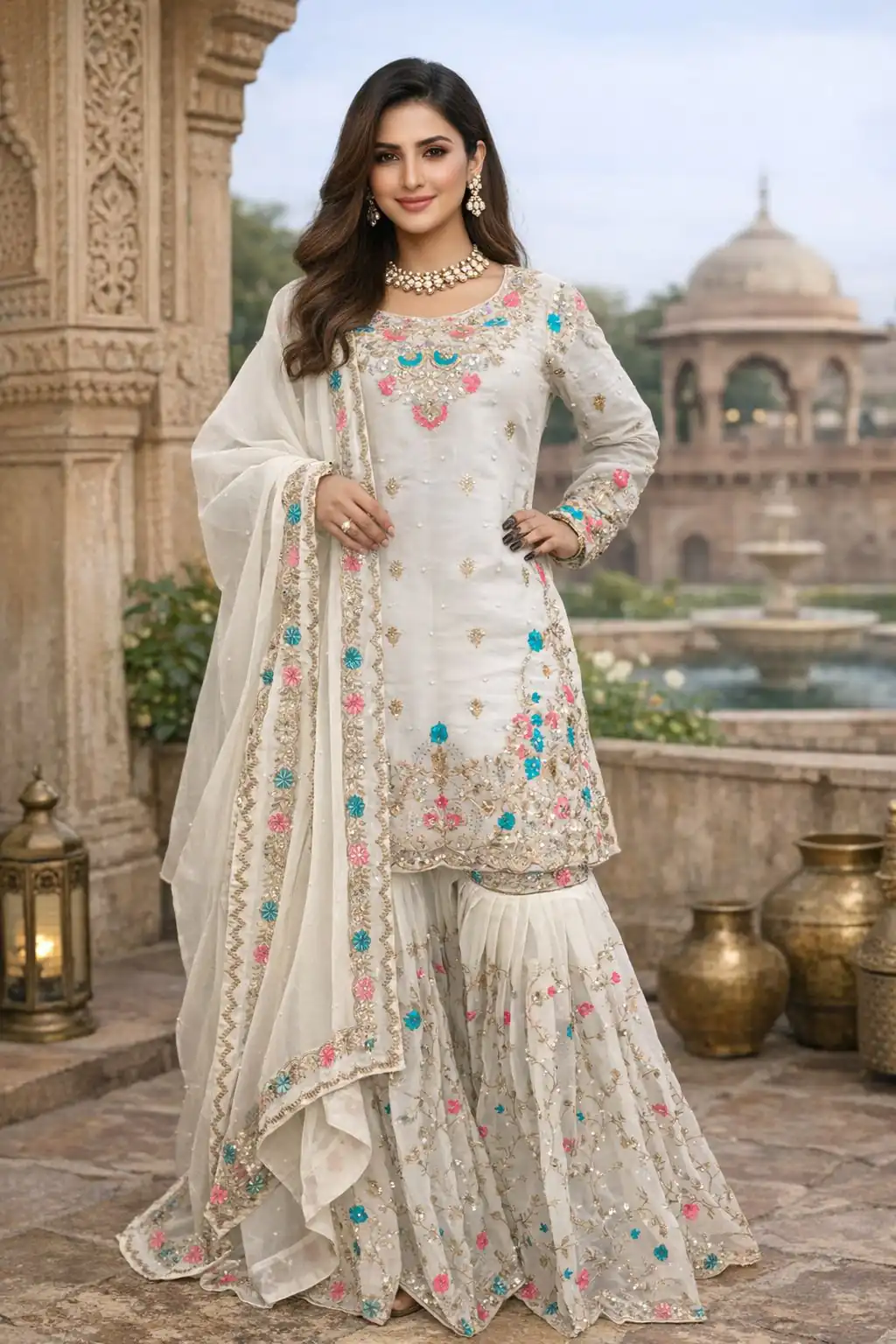 White Organza Silk Sequence Moti Work Salwar Suit | Jump Suits, Salwar suit, Casual Suits, Creative suits, Designer Suits, Palazzo Suits, Party Wear Suits, Patiala Suits, Straight Suits