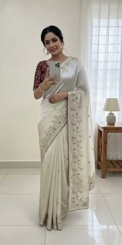 White Organza Silk Sequin Embroidery Work Saree | Sarees, Bollywood Sarees, Creative Sarees, Designer Sarees, Embroidered Sarees, Ethnic Saree, Modern Digital sarees, Party Wear Sarees