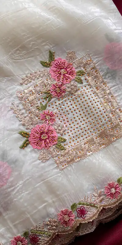 White Paper Silk Crush With Embroider Saree | Sarees, Bollywood Sarees, Creative Sarees, Designer Sarees, Embroidered Sarees, Ethnic Saree, Modern Digital sarees, Party Wear Sarees