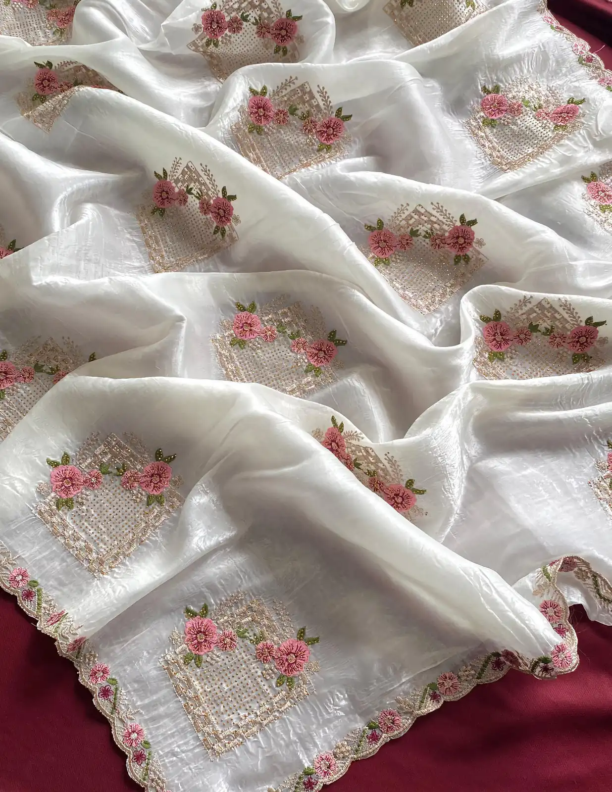 White Paper Silk Crush With Embroider Saree | Sarees, Bollywood Sarees, Creative Sarees, Designer Sarees, Embroidered Sarees, Ethnic Saree, Modern Digital sarees, Party Wear Sarees