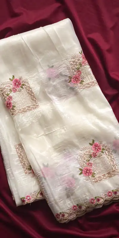 White Paper Silk Crush With Embroider Saree | Sarees, Bollywood Sarees, Creative Sarees, Designer Sarees, Embroidered Sarees, Ethnic Saree, Modern Digital sarees, Party Wear Sarees