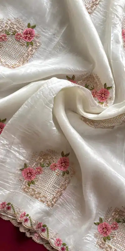 White Paper Silk Crush With Embroider Saree | Sarees, Bollywood Sarees, Creative Sarees, Designer Sarees, Embroidered Sarees, Ethnic Saree, Modern Digital sarees, Party Wear Sarees