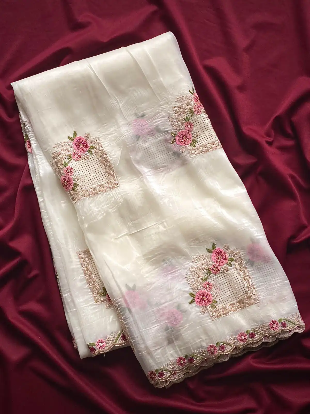 White Paper Silk Crush With Embroider Saree | Sarees, Bollywood Sarees, Creative Sarees, Designer Sarees, Embroidered Sarees, Ethnic Saree, Modern Digital sarees, Party Wear Sarees