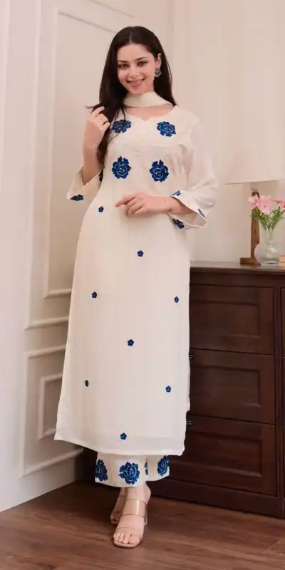 White Roman Silk Embroidery Salwar Suit | Jump Suits, Tops & Bottoms, Track Suits, Salwar suit, Casual Suits, Creative suits, Designer Suits, Palazzo Suits, Party Wear Suits, Patiala Suits, Straight Suits, Trendy Wear