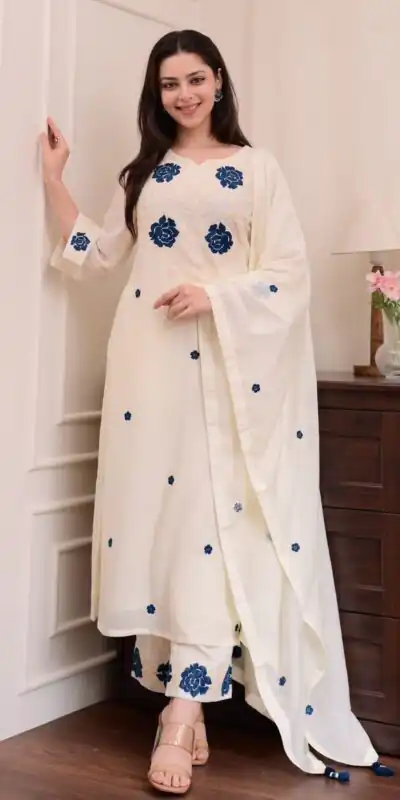 White Roman Silk Embroidery Salwar Suit | Jump Suits, Tops & Bottoms, Track Suits, Salwar suit, Casual Suits, Creative suits, Designer Suits, Palazzo Suits, Party Wear Suits, Patiala Suits, Straight Suits, Trendy Wear