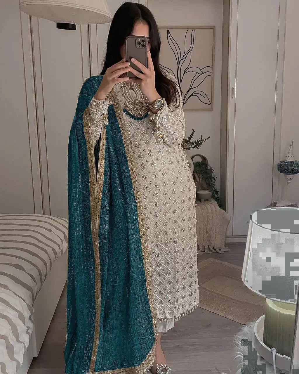 White Sequence Salwar Suit with Peacock Blue Dupatta | Salwar suit, Casual Suits, Creative suits, Designer Suits, Party Wear Suits, Patiala Suits, Straight Suits