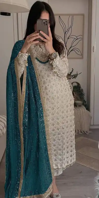White Sequence Salwar Suit with Peacock Blue Dupatta | Salwar suit, Casual Suits, Creative suits, Designer Suits, Party Wear Suits, Patiala Suits, Straight Suits