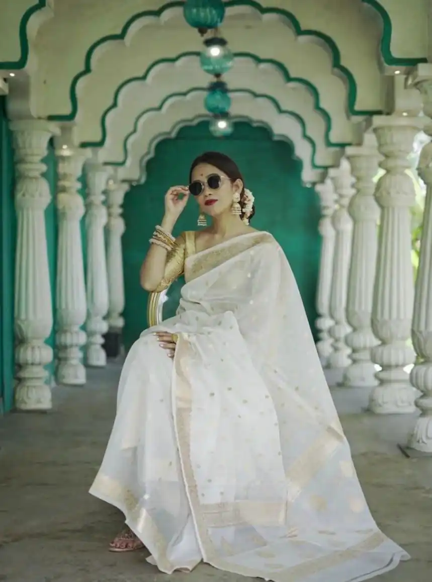 White Soft Lilan Slab Weaving Work Saree | Sarees, Bollywood Sarees, Creative Sarees, Designer Sarees, Embroidered Sarees, Ethnic Saree, Modern Digital sarees, Party Wear Sarees