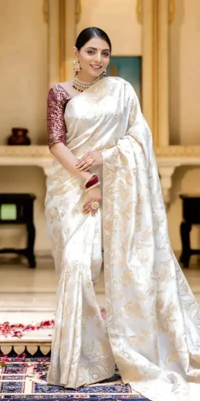 White Soft Litchi Silk All Over Weaving Saree | Sarees, Bollywood Sarees, Creative Sarees, Designer Sarees, Embroidered Sarees, Ethnic Saree, Modern Digital sarees, Party Wear Sarees