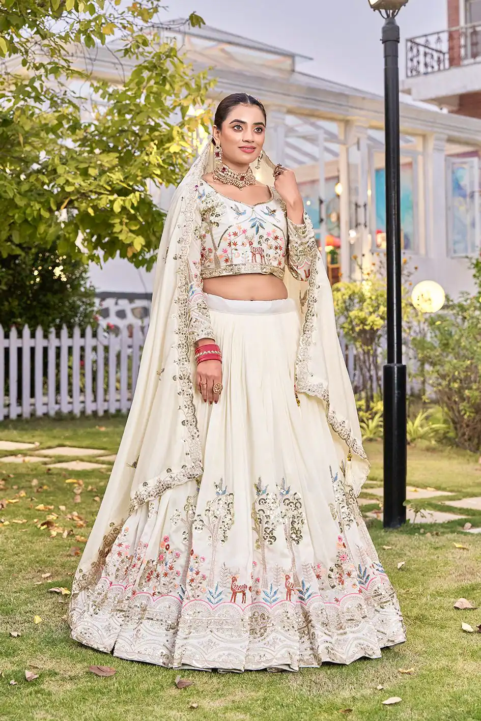 White Vichitra Silk Thread Work Lehenga Choli | Lehenga, Bollywood Lehenga, Creative Lehenga, Designer Lehenga, Embroidered Lehenga, Party Wear Lehenga