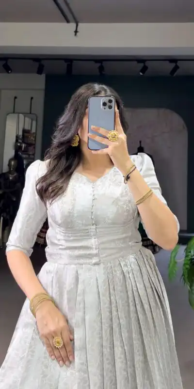 White Zari Weaving Work Gown | Gowns, Bollywood Gowns, Creative Gowns, Designer Gowns, Embroidered Gowns, Party Wear Gowns