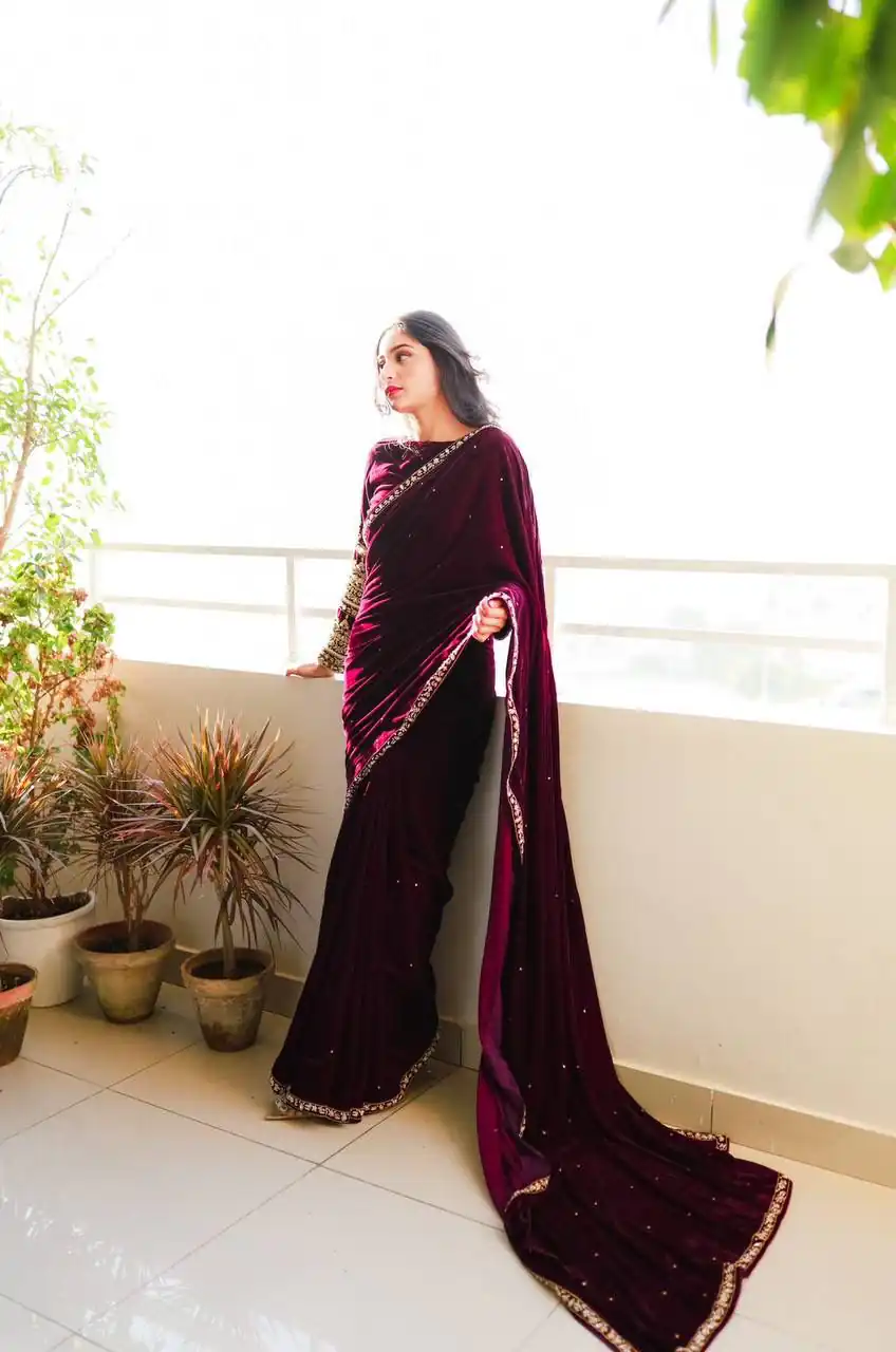 Wine 9000 Velvet Embroidery Lace Work Saree | Sarees, Bollywood Sarees, Creative Sarees, Designer Sarees, Embroidered Sarees, Ethnic Saree, Modern Digital sarees, Party Wear Sarees