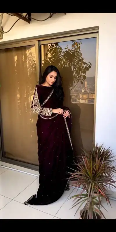 Wine 9000 Velvet Embroidery Lace Work Saree | Sarees, Bollywood Sarees, Creative Sarees, Designer Sarees, Embroidered Sarees, Ethnic Saree, Modern Digital sarees, Party Wear Sarees