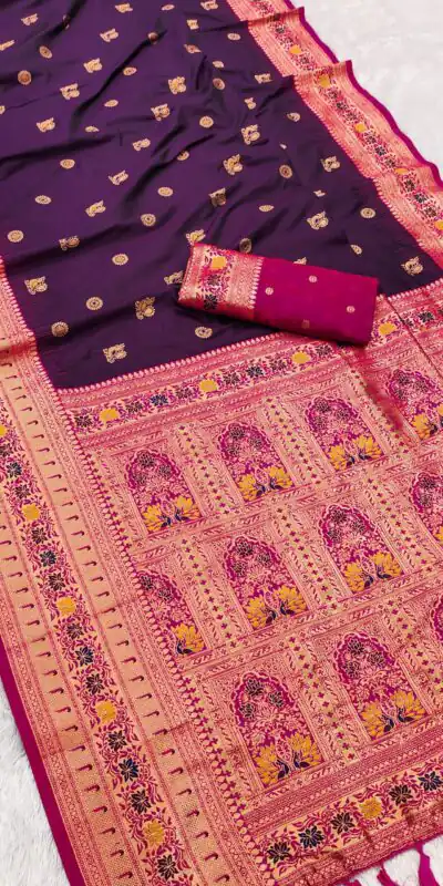 Wine Banarasi Silk Zari Work Saree | Sarees, Bollywood Sarees, Creative Sarees, Designer Sarees, Embroidered Sarees, Ethnic Saree, Modern Digital sarees, Party Wear Sarees