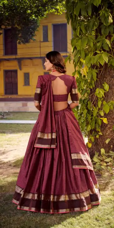 Wine Chettinad Cotton Chex Zari WorkΒ Lehenga Choli | Lehenga, Bollywood Lehenga, Creative Lehenga, Designer Lehenga, Embroidered Lehenga, Party Wear Lehenga