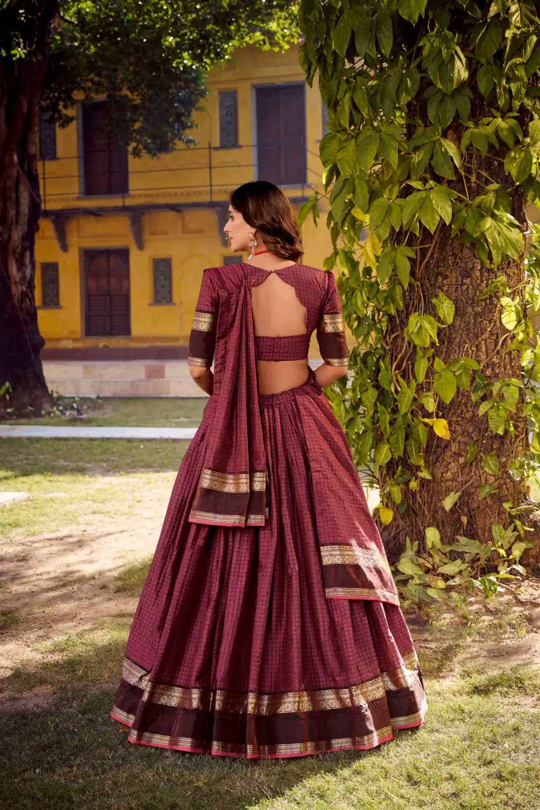 Wine Chettinad Cotton Chex Zari Work Lehenga Choli | Lehenga, Bollywood Lehenga, Creative Lehenga, Designer Lehenga, Embroidered Lehenga, Party Wear Lehenga