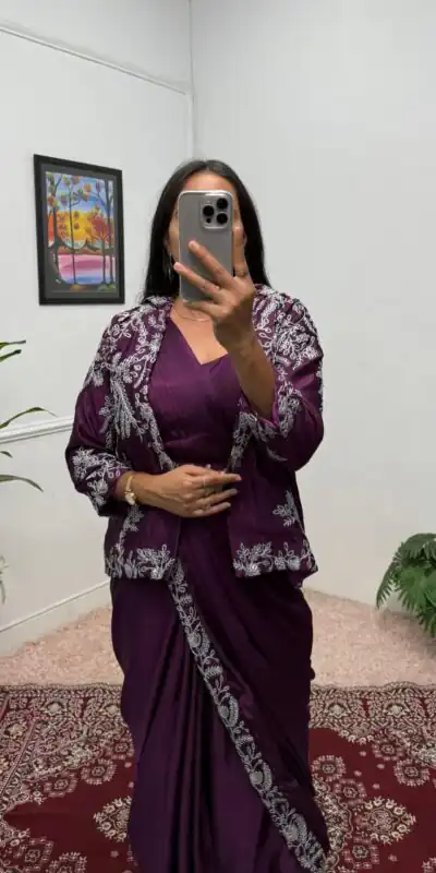 Wine Chinon Embroidery Lace Work Saree | Sarees, Bollywood Sarees, Creative Sarees, Designer Sarees, Embroidered Sarees, Ethnic Saree, Modern Digital sarees, Party Wear Sarees