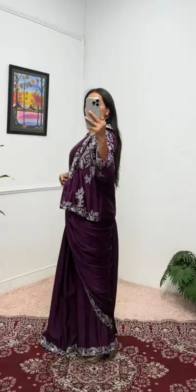 Wine Chinon Embroidery Lace Work Saree | Sarees, Bollywood Sarees, Creative Sarees, Designer Sarees, Embroidered Sarees, Ethnic Saree, Modern Digital sarees, Party Wear Sarees