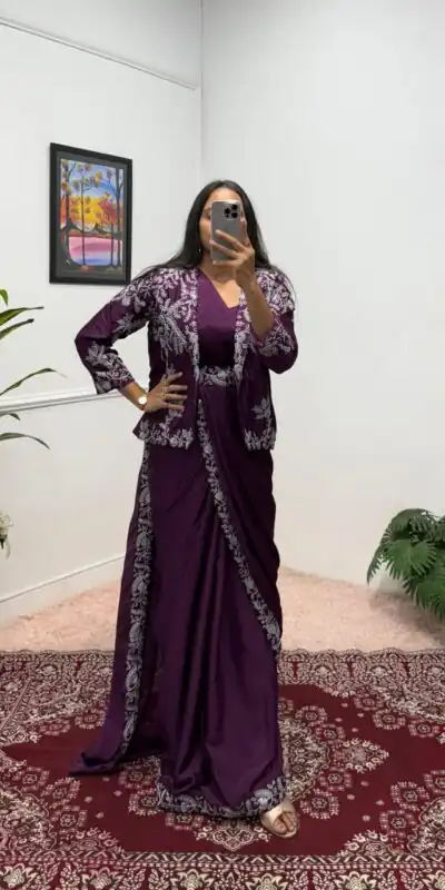 Wine Chinon Embroidery Lace Work Saree | Sarees, Bollywood Sarees, Creative Sarees, Designer Sarees, Embroidered Sarees, Ethnic Saree, Modern Digital sarees, Party Wear Sarees