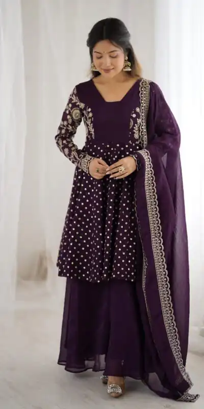 Wine Crunchy Silk Embroidery Work Salwar Suit | Jump Suits, Salwar suit, Casual Suits, Creative suits, Designer Suits, Palazzo Suits, Party Wear Suits, Patiala Suits, Straight Suits