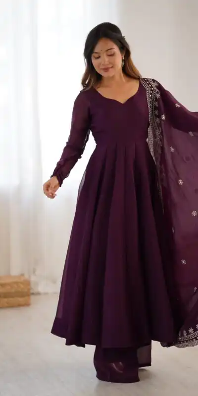 Wine Fandy Silk Embroidery Work Gown | Gowns, Bollywood Gowns, Creative Gowns, Designer Gowns, Embroidered Gowns, Party Wear Gowns