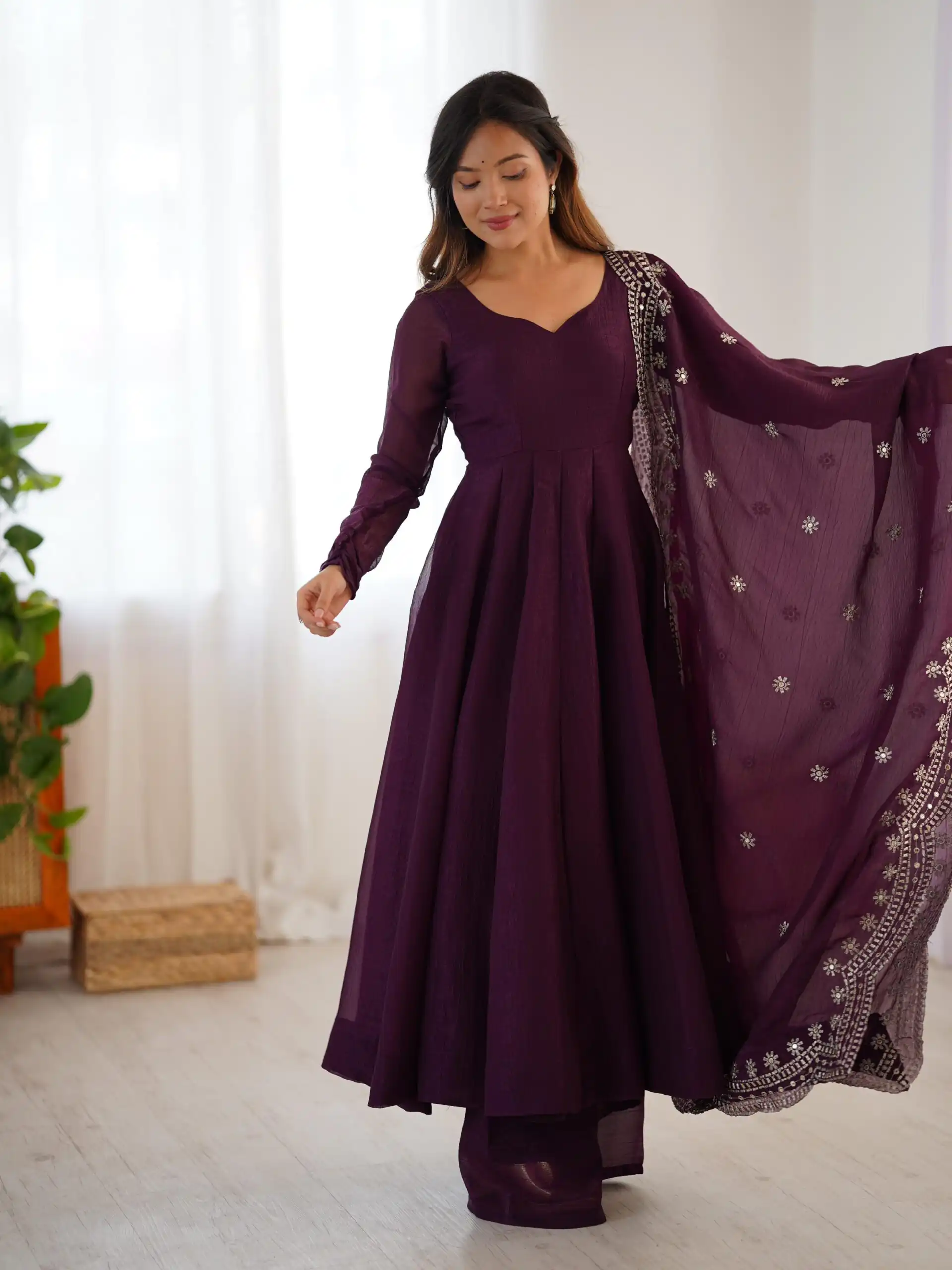 Wine Fandy Silk Embroidery Work Gown | Gowns, Bollywood Gowns, Creative Gowns, Designer Gowns, Embroidered Gowns, Party Wear Gowns