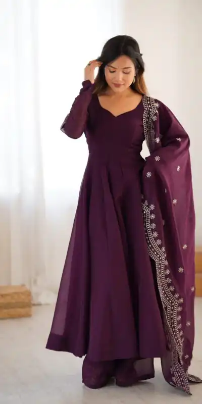 Wine Fandy Silk Embroidery Work Gown | Gowns, Bollywood Gowns, Creative Gowns, Designer Gowns, Embroidered Gowns, Party Wear Gowns