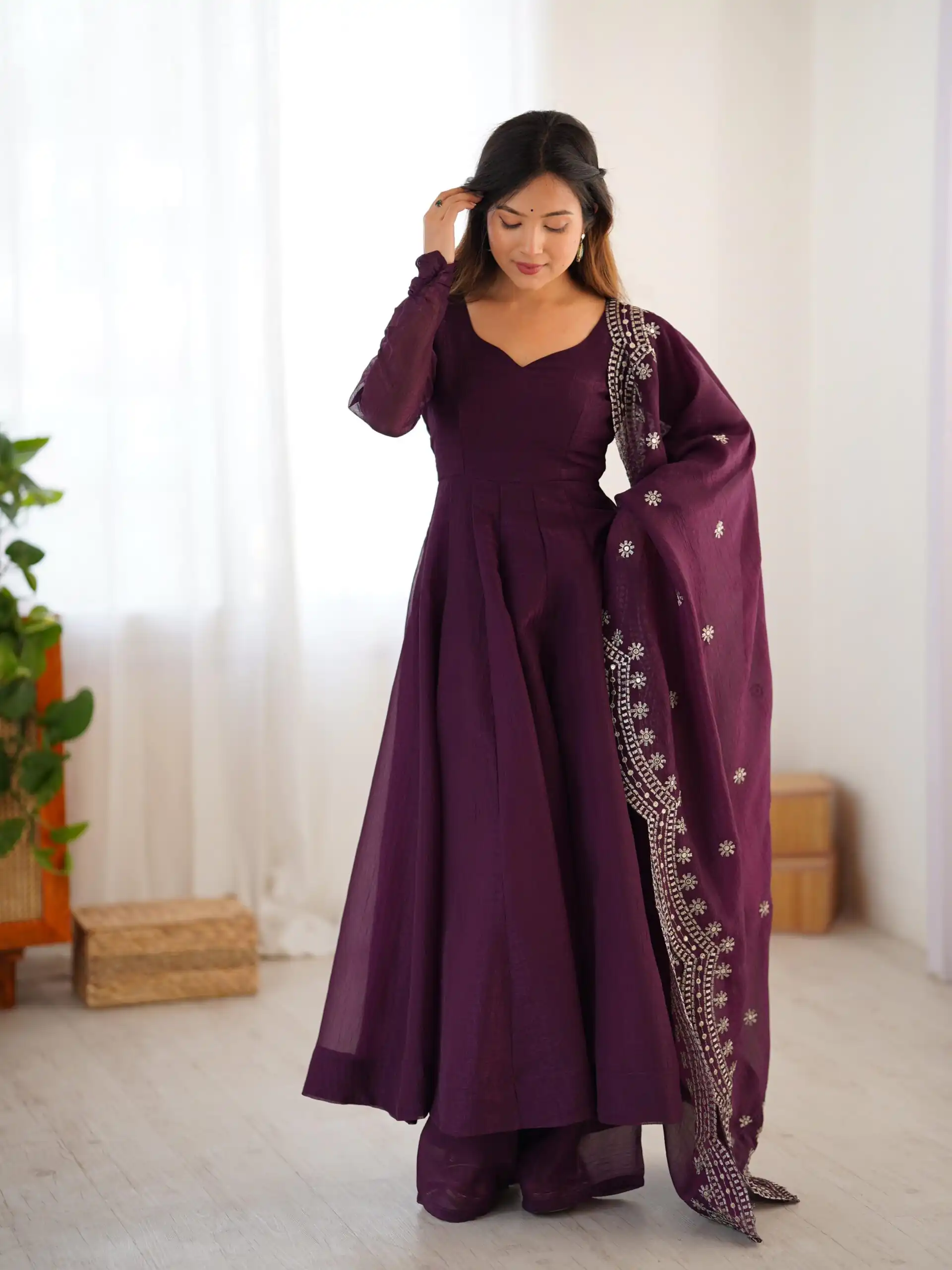 Wine Fandy Silk Embroidery Work Gown | Gowns, Bollywood Gowns, Creative Gowns, Designer Gowns, Embroidered Gowns, Party Wear Gowns