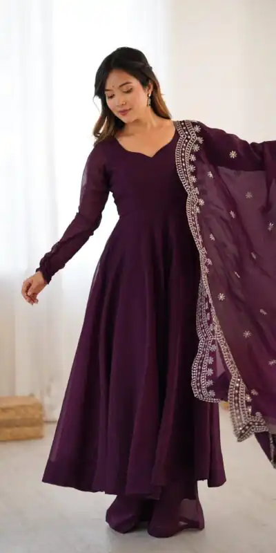 Wine Fandy Silk Embroidery Work Gown | Gowns, Bollywood Gowns, Creative Gowns, Designer Gowns, Embroidered Gowns, Party Wear Gowns